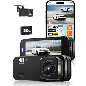 Dash Camera for Cars, 4K Dash Cam Front and Rear with 5G WiFi, Free Card Included, Loop Recording, Night Vision, 170Wide Angle, G-Sensor, 24H Parking Mode