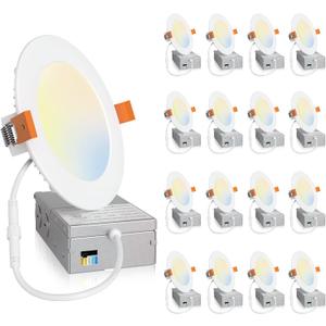 Amico 16 Pack 4 Inch 5CCT Ultra-Thin LED Recessed Ceiling Light with Junction Box, 2700K/3000K/4000K/5000K/6000K Selectable, 11W Eqv 70W, Dimmable Can-Killer Downlight, 800LM High Brightness - ETL