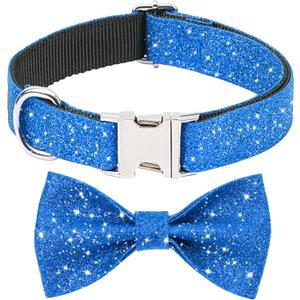Blue Boy Dog Collar with Bow, Bling Male Bowtie Dog Collar for Puppy Small Medium Dogs, Cute Dog Collar for Daily Walking or Holiday Party (Neck fit 11-16)