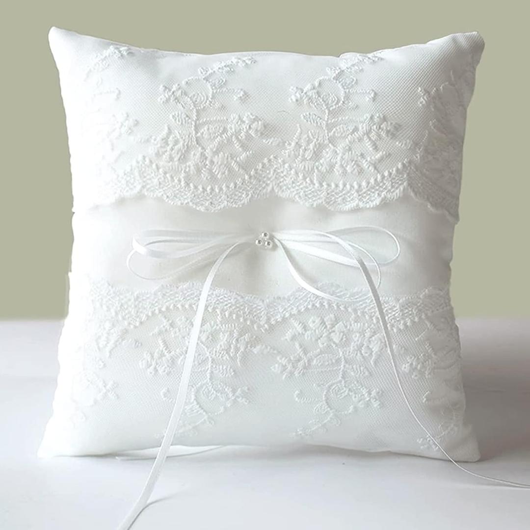 Wedding Ring Pillow, Lace Pearl Ivory Ring Bearer Cushion for Wedding Party
