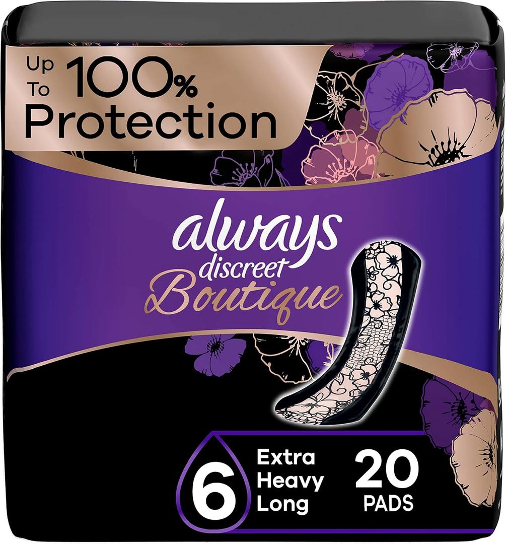 Always Discreet Boutique Incontinence Pads, Size 6, Extra Heavy Absorption, Long, 20 Pads