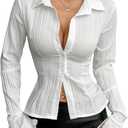SweatyRocks Women's Textured Button Down Shirts Ruffled Long Sleeve Collared Blouse, Large