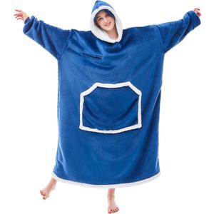 IFNOW Wearable Blanket Hoodie, Oversized Sherpa Fleece Hooded Sweatshirt with Eye Mask, Cozy and Giant Blanket Hoodie with Sleeves Extra Long for Adults Men Women, Navyblue