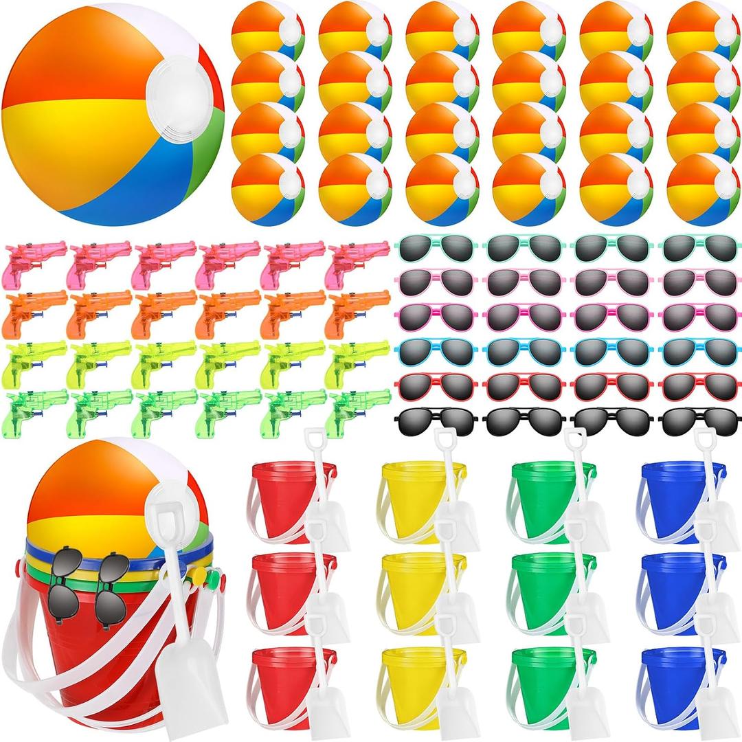 Threan 120 Pcs Pool Beach Party Favors End of Year Gifts for Students Include Beach Balls Sand Buckets Shovels Sunglasses Water Gun Bulk for Ages 3 4 5 6 7 8 Summer Party Supplies Outdoor