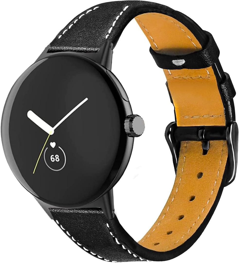Leather Bands Compatible with Google Pixel 3 45mm Watch, Replacement Genuine Leather Straps for Women Men, Black