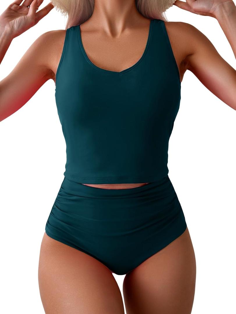 Eomenie Two Piece Tankini Swimsuits for Women Tummy Control Bathing Suits Cutout Back Swim Tank Top with High Waisted Bottom (Small, Dark Green)