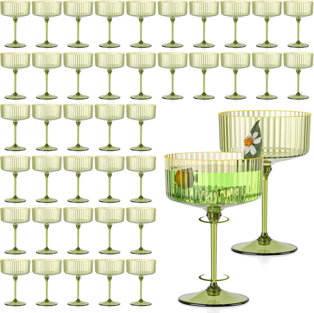 50 PCS Ribbed Martini Glasses Bulk 10oz Green Champagne Martini Glasses Plastic Gold Rim Espresso Martini Glass Vintage Coupe Glass Margarita Glasses Glassware Dessert Cup for Birthday Party Wedding, Small