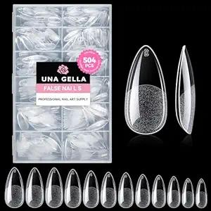 UNA GELLA Almond Gel Nail Tips, 504PCS Pre Etched Clear Fake Nails Tips Medium Almond Shape  12 Sizes Full Cover Soft Acrylic Press On Nail Extensions No C Curve Gift for Diy at Home