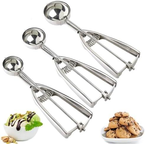 Ice Cream Scoop, 3Pcs Cookie Scoop Set, 18/8 Stainless Steel Cookie Dough Scoop, Cookie Scoops for Baking Set of 3, Ice Cream Scooper with Trigger Release, Cookie Scooper for Baking