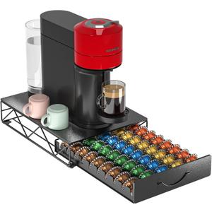 HFHOME Coffee Pod Holder Compatible with 50 VertuoLine, Coffee Capsules Drawer for 40 K Cup, Metal Pod Storage Drawer Organizer for Vertuo Capsules for Home Office Counter (50 pcs Capacity)