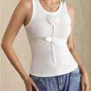 Women's 3D Floral Tank Top Crew Neck Sleeveless Dressy Casual Ribbed Knit Tops (L)