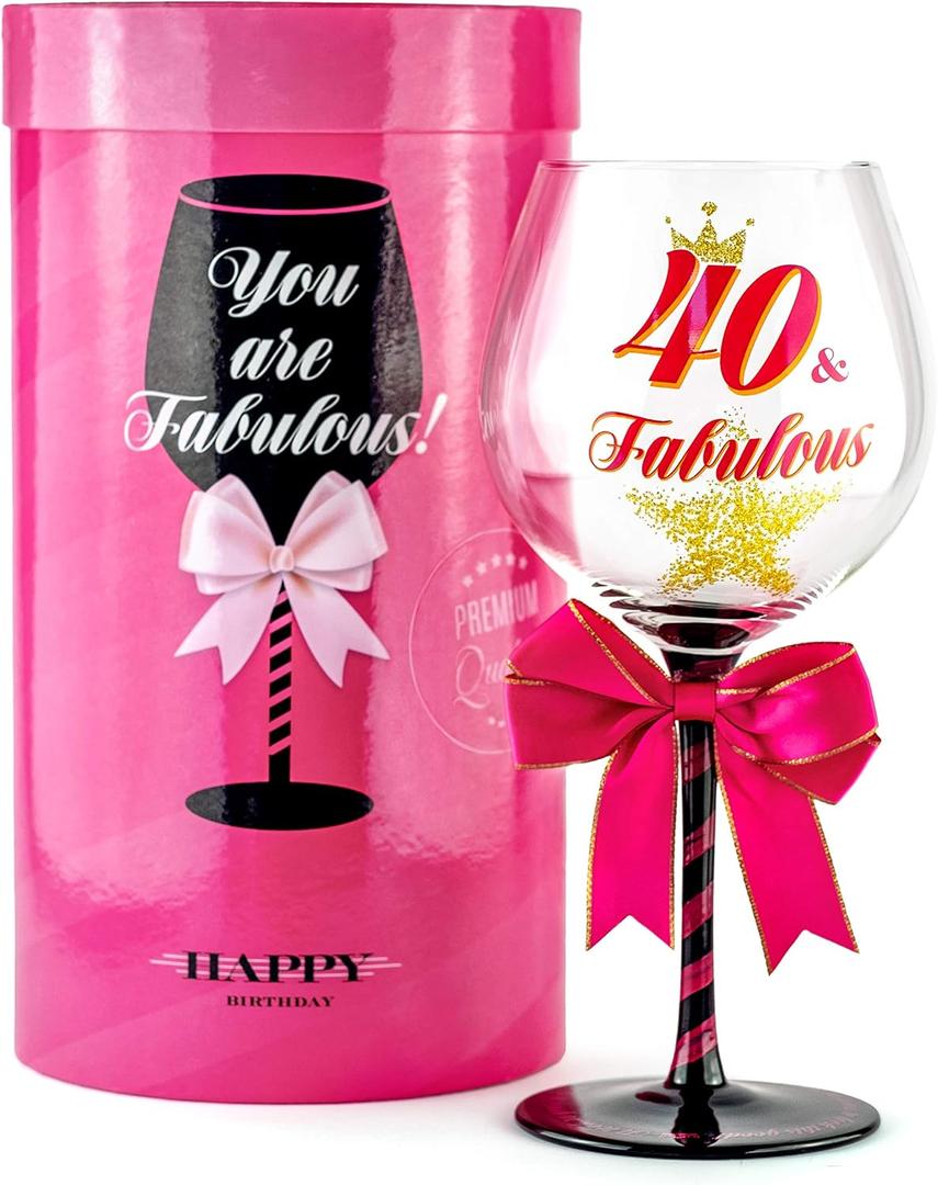 40 and Fabulous Birthday Wine Glass for Women | Fun Gift for Woman Turning Forty Years Old | Mom, Best Friend, Aunt, Sister, Cousin, Co-Worker | Big 23 oz, 8.8 Inch Tall Wine Glass