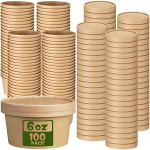 Fulmoon 100 Pack Paper Soup Containers with Lids Disposable Paper Food Containers with Vented Lids Kraft Ice Cream Bowls Soup Cup Ice Cream Cups for Restaurants(6 oz,Brown)