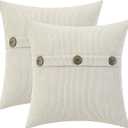 HWY 50 Cream White Chenille Throw Pillow Covers 18x18 Inch with Triple Buttons, Soft Farmhouse Accent Decorative Cushion Cases for Couch Sofa Bed Living Room Bedroom Pack of 2