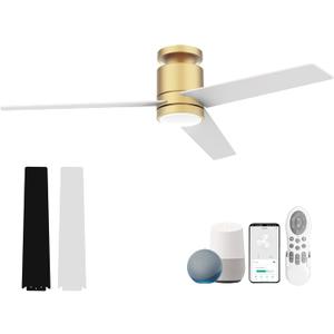 52 Smart Flush Mount Ceiling Fans with Lights Remote,Quiet DC Motor,Outdoor Indoor Low Profile Ceiling Fan,Voice Control via WiFi Alexa App,Modern Gold and White Black Fan for Bedroom Patio (Gold& White Black)