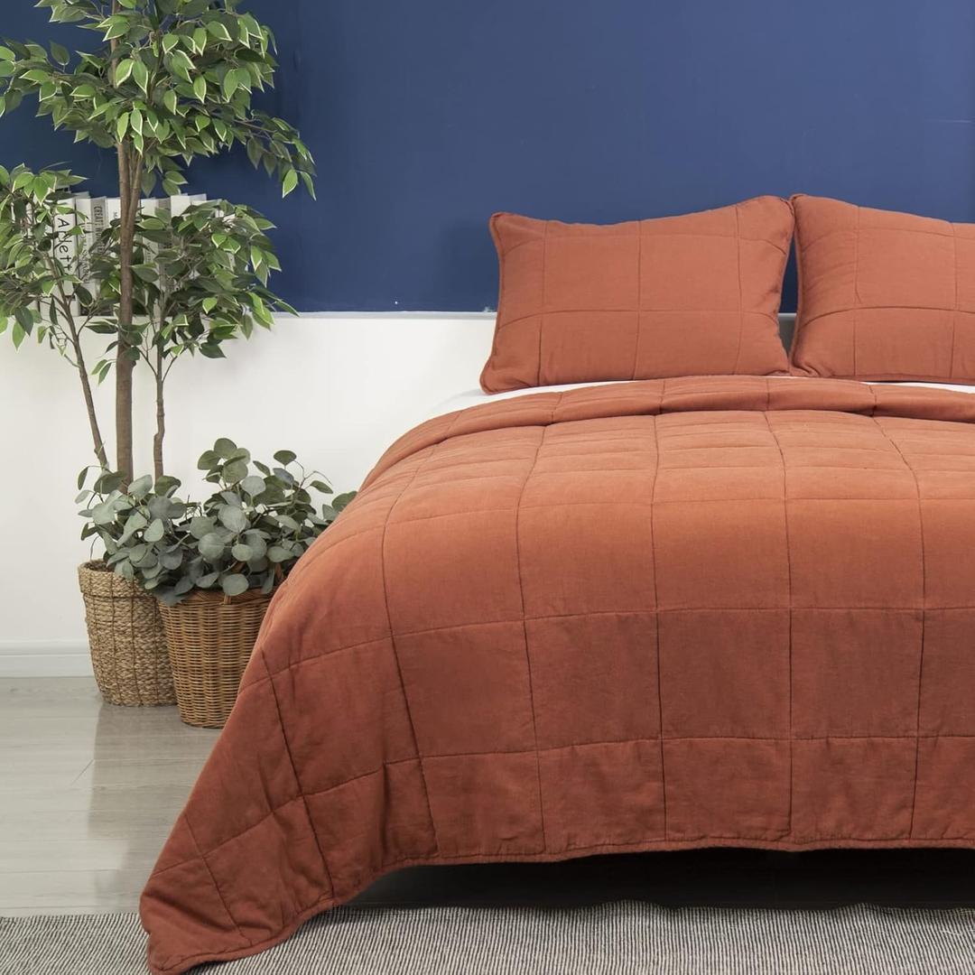 meadow park Stonewashed Linen Blend Box Stitch Quilt and Matching Pillow Shams 3pcs Set, Queen Size, Cayenne Color