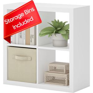 Bookshelf with Storage Bin, 4-Cube Storage Organizer, Modern Wood Open Bookcase, Multifunctional Display Shelf for Living Room, Bedroom, Home Office, White