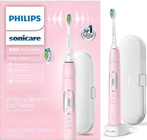 Philips Sonicare ProtectiveClean 6100 Rechargeable Electric Toothbrush, with Pressure Sensor, 3 Cleaning Modes, SmarTimer and QuadPacer, 14-Day Battery Life, Travel Case, Pink, Model HX6876/21