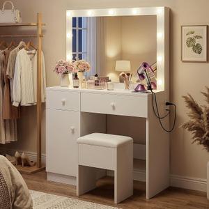 Haewon Makeup Vanity Desk with Lighted Mirror and Chair Set, White, Small