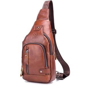 BULLCAPTAIN Leather Sling Bag Mens Chest Bag Casual Shoulder Crossbody Bags Travel Hiking Backpacks Daypack with USB Charging Port (Brown)