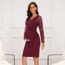 Floral Mesh Bishop Long Sleeve Maternity Midi Dress, Fall Maternity Bodycon Dress for Baby Shower, Small, Long Sleeve Wine Red