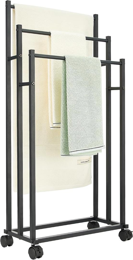 sagetta Black Free Standing Towel Racks for Bathroom 35.83" Towel Hanger and Dryer Rack Removable Pool Racks with Wheels 3 Tiers Carbon Steel Rustproof