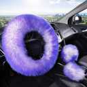 Car Steering Wheel Cover Gear Shift Handbrake Fluffy Cover for Women/Ladies Pure Wool Universal Fit 15 Inch 1 Set 3 Pcs (Purple)
