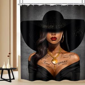 MESHELLY Black Girl Shower Curtain 60Wx72H African American Grey Inspirational Quotes Bathroom Curtain Fashion Black Woman Shower Curtain Modern Top Hat Afro Lady Bathroom Decor Fabric with 12 Hooks