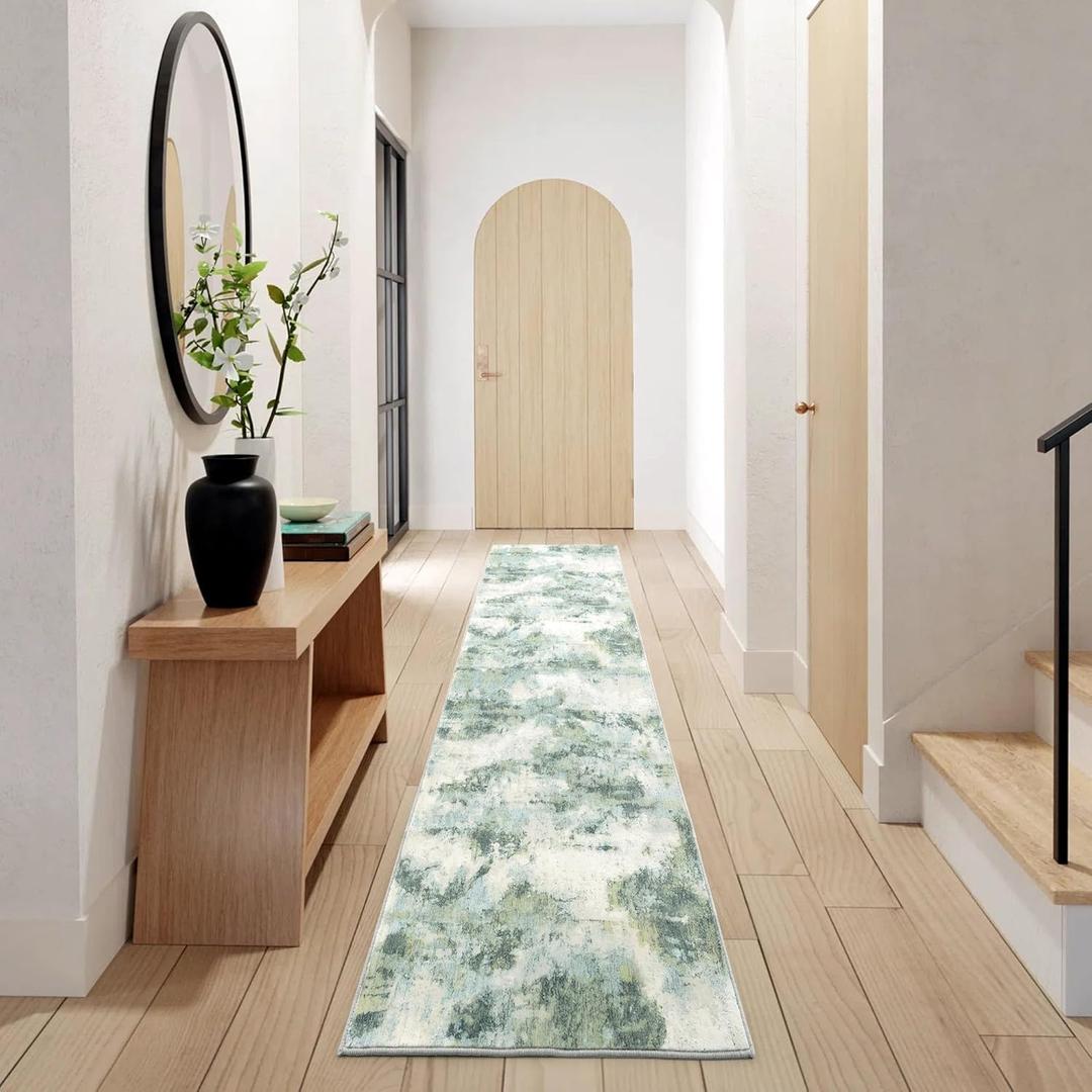 Carvapet 2x8 Runner Rug for Hallway, Sage Green Modern Abstract Low Pile Runner, Non Slip Rubber Backing, Foldable Machine Washable Long Area Rug for Entryway Kitchen Bedroom