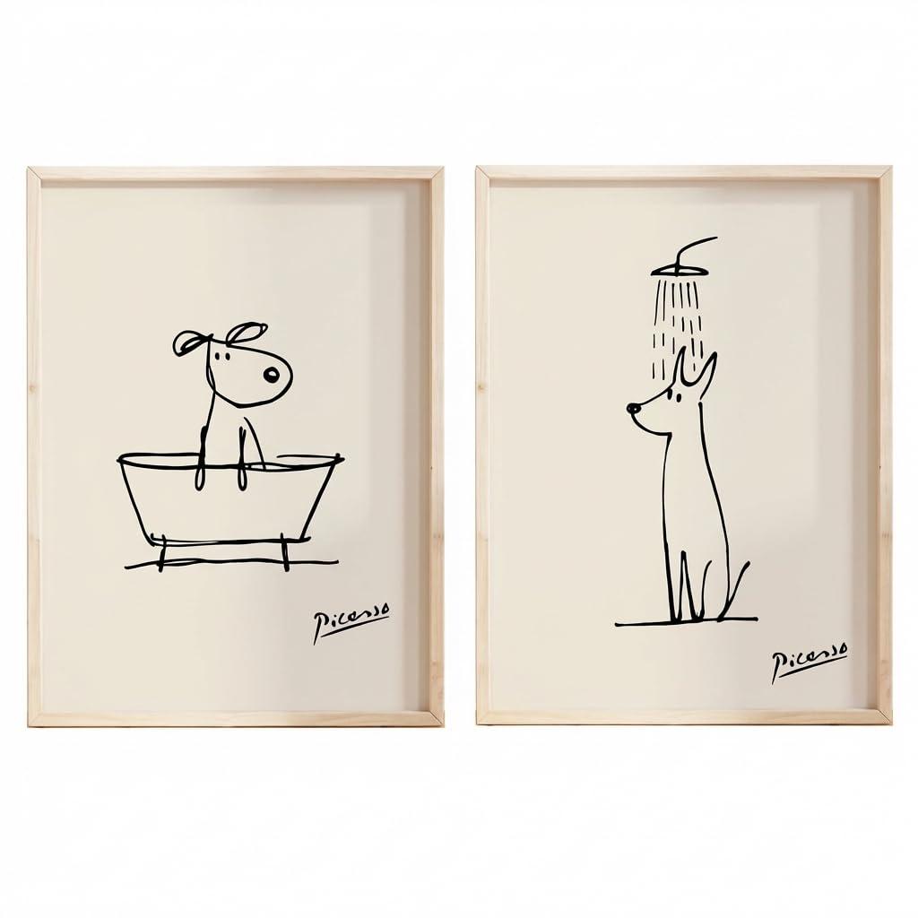 Framed Funny Dog Bathroom Wall Art Black and White Line Art Poster Print, Abstract Retro Bathroom Dog Picture Painting, Modern Minimalism Animal Picture Wall Decor for Bathroom Living Room 12x16 Inches