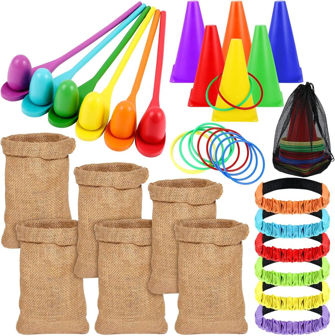 Sumind 40 Pcs Carnival Outdoor Games, 6 Pack 25x40 Burlap Potato Sack Race Bags for Kids Adults, Egg Spoon 3 Legged Race Bands Ring Toss Cones for Field Day Family Reunion Lawn Easter Games