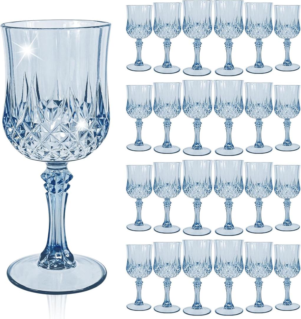 24 Pcs Blue Plastic Wine Glasses, Plastic Goblets for Parties, Vintage Wine Glasses Bulk, Reusable Drinking Glass, Drinkware Cups for Wedding Party Reception Event Supplies