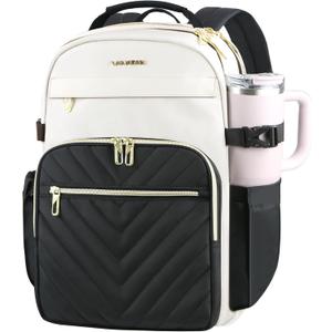VANKEAN Laptop Backpack for Women with Giant Tumbler Holder Pocket,17.3 inch School College Book Bag Nurse Teacher Backpack,Waterproof Work Travel Backpack Purse Laptop Computer Bag, Bags Beige-Black