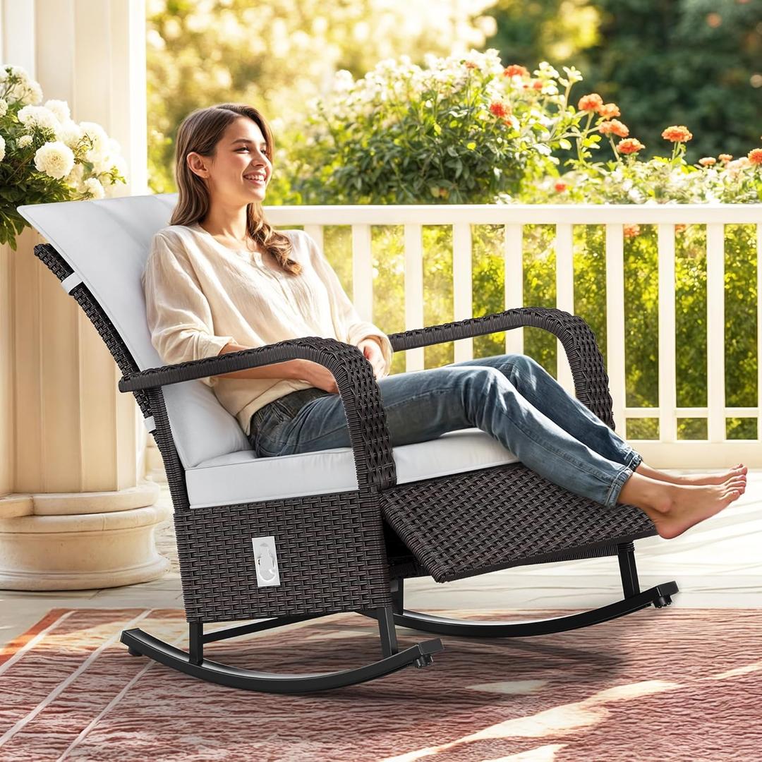 YITAHOME Outdoor Rocking Chair, Wicker Lounge Chair with Adjustment Backrest, PE Rattan Patio Recliner with Adjustable Footrest and Soft Cushions, Ideal for Garden Backyard Porch Patio