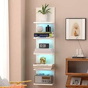 5 Tier Wall Shelf, White Lack Wall Shelf with LED Light, Vertical Floating Shelves for Wall Decor, Modern Wall Mount Shelving Unit, for Bedrooms, Living Rooms, Vanity
