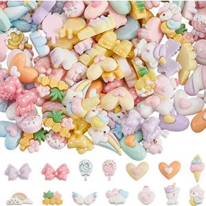 120Pcs 6 Styles Bow Resin Charms Flatback Resin Cabochons Opaque Rainbow Color Mixed Shape Bowknot Wing Hearts Lollipop Charms for DIY Crafts Making Decoration Scrapbooking Embellishment