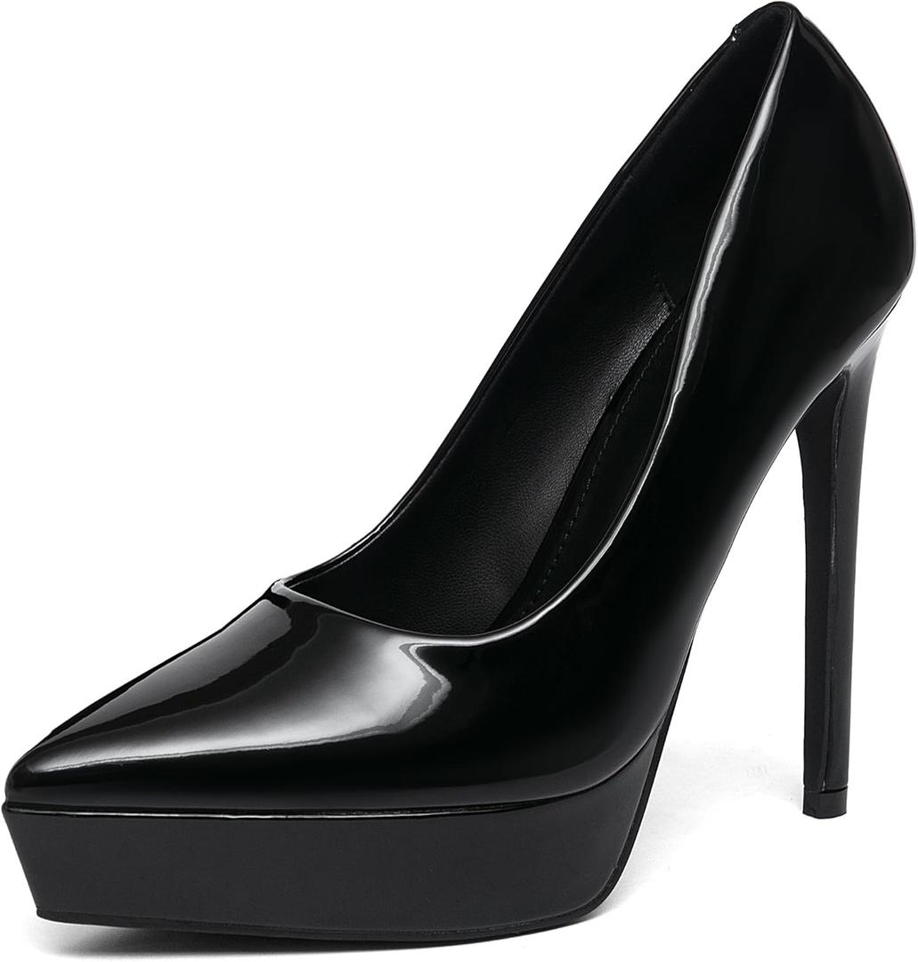 NEWBELLA Women's Platform Pumps Stiletto Heels Pointed Toe Slip On Dress Shoes-High Heels for Wedding, Party Black, Size 6