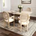 Set of 2 French Vintage Upholstered Dining Armchairs,Beige Fabric Dining Chairs with Rattan Mesh Round Back, Rubberwood Frame, Weathered Finish, Farmhouse Kitchen Side Chairs with Arms for Dining Room, 21.66