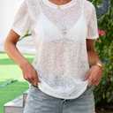 Allimy Women's Sexy See Through Sheer Lace Summer Tops Crew Neck Short Sleeve T Shirts (White, XL)