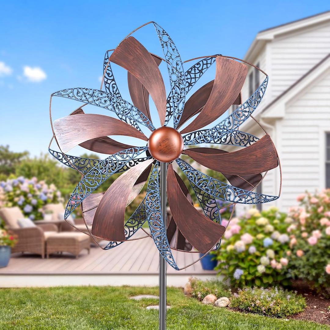 Homdox 84" Wind Spinner Outdoor Metal Kinetic Yard Spinner for Garden, Large 25" Blades Adjustable Height & Silent Rotation,Heavy Duty Windmill with 4-Pronged Stake for Patio Backyard Landscape Decor