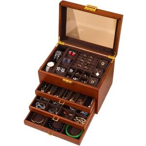 Bescott 5 Layer Solid Wooden Jewelry Box with Lock and Key for Women Men Vintage Velvet Wood Jewelry Organizer Storage for Earrings Rings Necklaces Bracelet Watch Mothers Day Gift (Deep brown velvet)