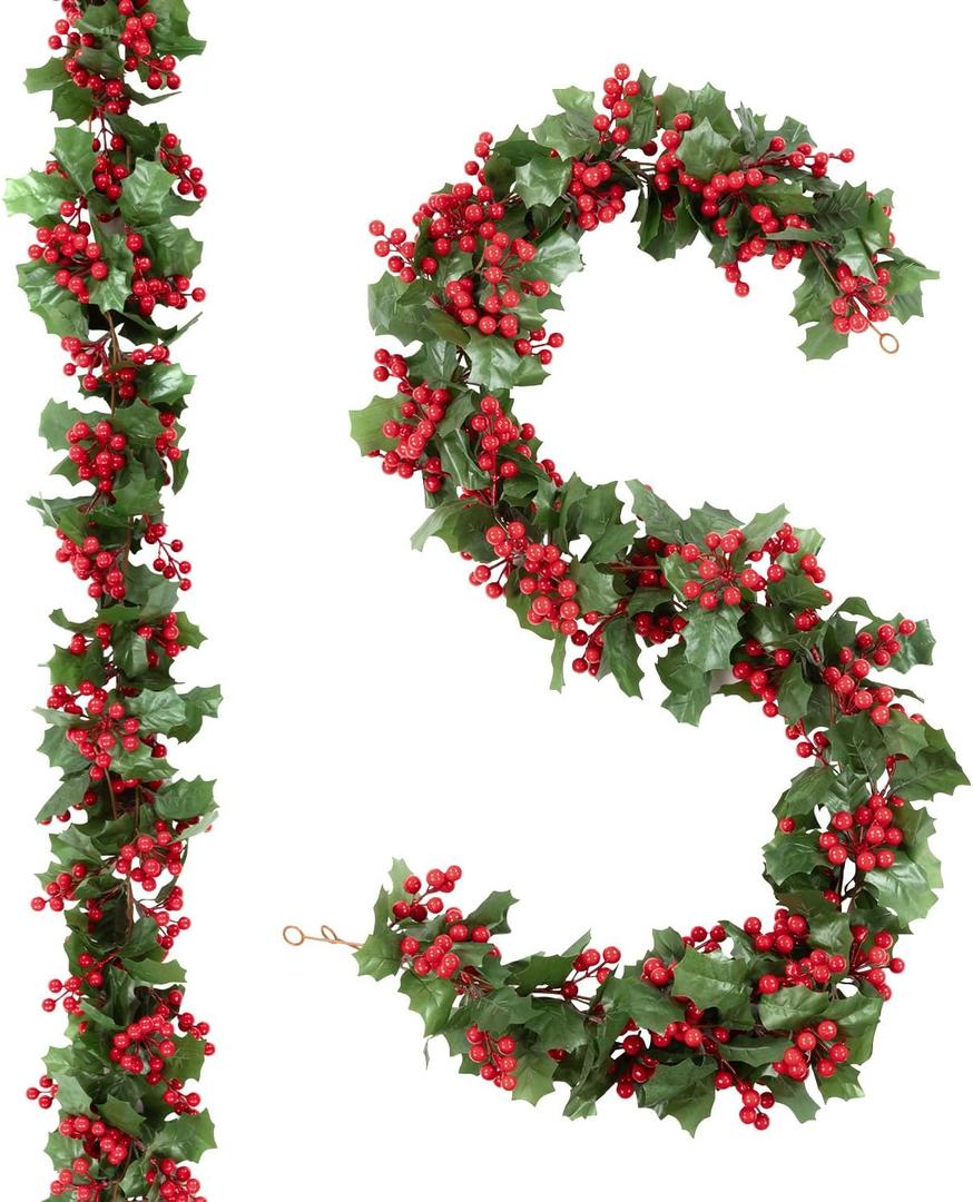 Findosom Total 11.2FT Christmas Garland for Mantle, 2PCS Flexible Red Berry Garland with Leaves, Artificial Garlands for Decoration Christmas Fireplace Indoor Outdoor Home Stairs Holiday Decor