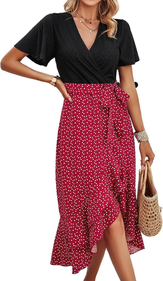 Sundresses for Women, V-Neck Short Sleeve Casual Boho Floral Dress, Ruffle Hem Split with Belt for Beach XL