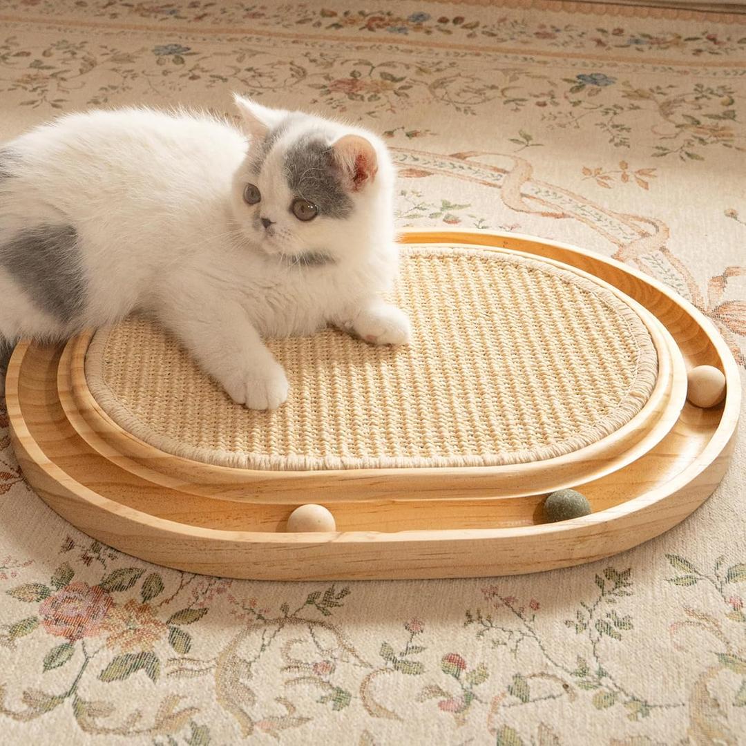 CHEERHOME PETS Sisal Cat Scratcher Toy with Ball Track Wooden Interactive Cat Toy for Indoor Cats Scratch Pad, Physical Exercise for Kitty and Medium Cat