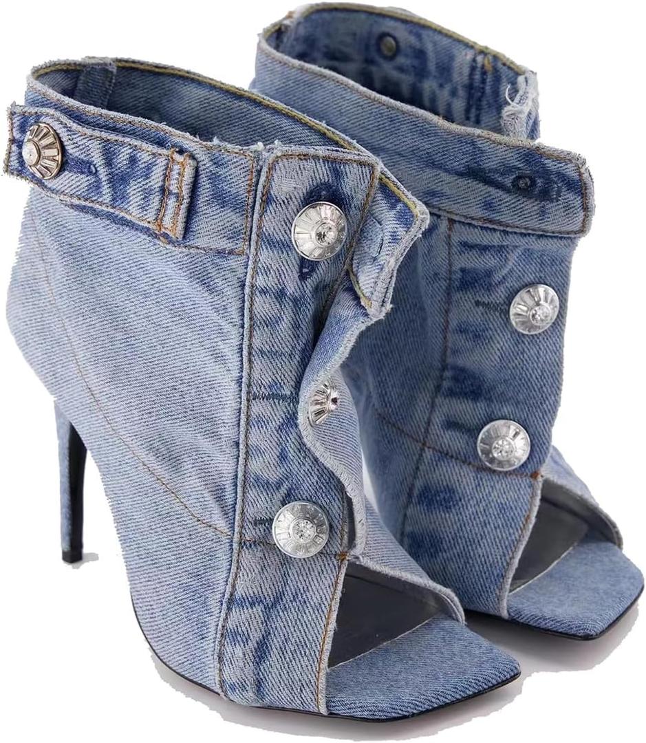 THESHY Women's Peep Toe Stiletto High Heel Ankle Denim Boots Metal Button Sandals Bootie Fashion Shoes for Women (4, Blue)