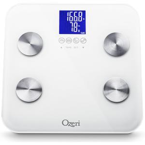 Ozeri Touch 440 Lbs Total Body Weight Scale (Body Fat, Muscle, Bone, Weight & Hydration), Auto Recognition Bath Scale with Infant Tare (White)
