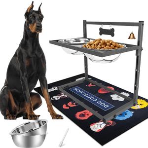 SHAINFUN Elevated Dog Bowls for Large Dogs and Extra Large Sized Dog Raised Dog Bowl Stand Adjustable Height with Two 3000ML(13-14cups) Stainless Steel Dog Food Bowls Metal Elevated Dog Bowl Stand (Grey - 106oz Bowl & Mat)