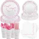MEHOFOND 216 Pcs Coquette Disposable Paper Dinnerware Set, Pink Bow Party Tableware Decor, Paper Plates Napkins, Women Bridal Shower Bachelorette Engagement, Girls Birthday Party Decor, Serves 24