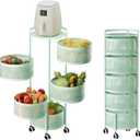 JAQ Rotating Fruit Basket, 5-Tier Metal Sturdy Kitchen Storage Rack Shelf Carts No Assembly on Rolling Wheels for Fruit Vegetable Grocery Corns Potato Onion (5-Tier, Green)