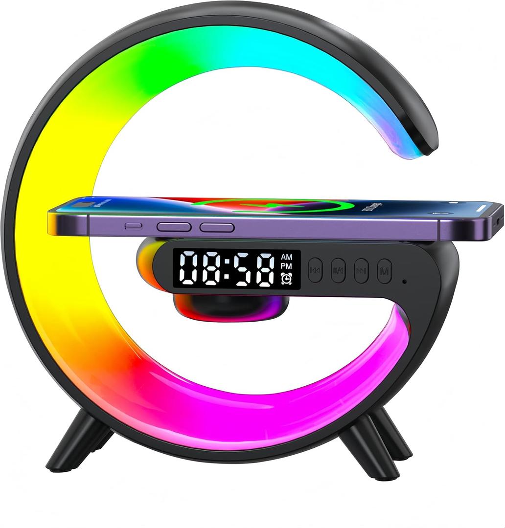 LED Table Lamp with Wireless Charger, Mini G Atmosphere Lamp with Bluetooth Speaker, Night Light Lamp Sunrise Alarm Clock, Smart Light Sound Machine, Christmas Gift for kidsMini Size Black